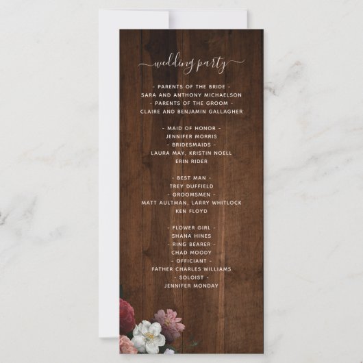 Rustic Wood Burgundy Pink Floral Wedding Programme (Achterkant)