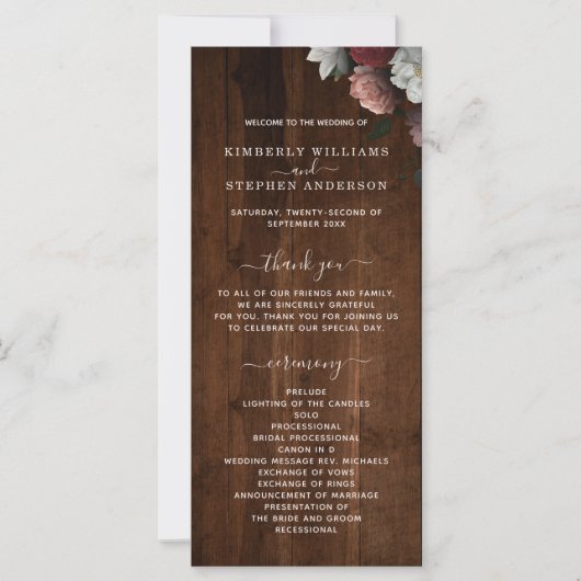 Rustic Wood Burgundy Pink Floral Wedding Programme (Voorkant)