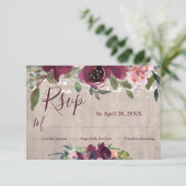 Rustic Wood Burgundy & Pinks Boho Floral Lights RSVP Kaartje (Staand voorkant)