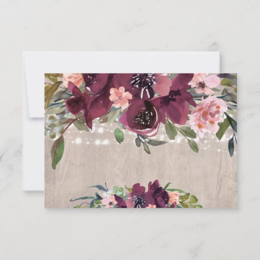 Rustic Wood Burgundy & Pinks Boho Floral Lights RSVP Kaartje (Achterkant)