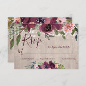 Rustic Wood Burgundy & Pinks Boho Floral Lights RSVP Kaartje (Voorkant / Achterkant)