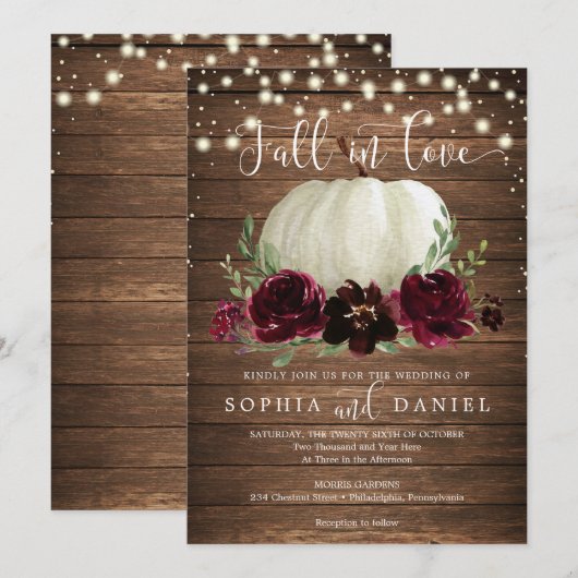 Rustic Wood Burgundy Pumpkin Weddenschap Kaart (Voorkant / Achterkant)
