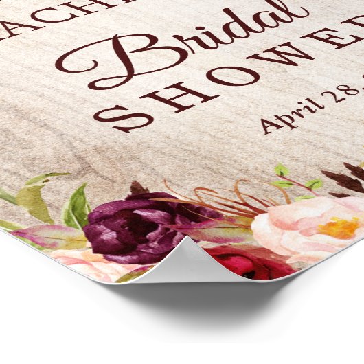 Rustic Wood Burgundy Red Floral Vrijgezellenfeest  Poster (Hoek)