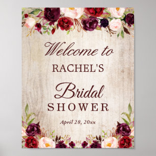 Rustic Wood Burgundy Red Floral Vrijgezellenfeest  Poster