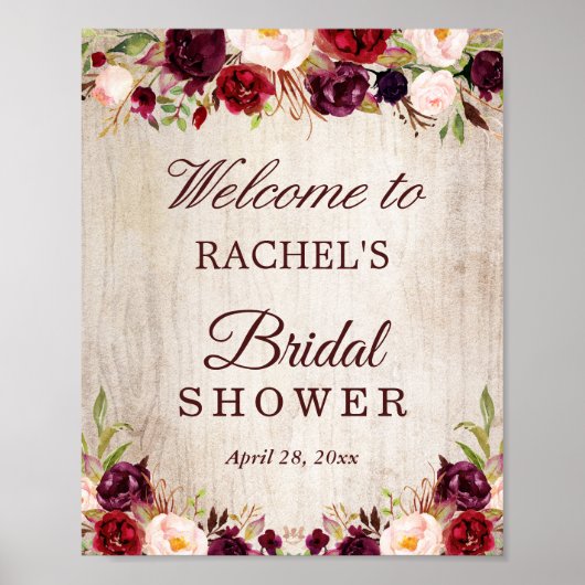 Rustic Wood Burgundy Red Floral Vrijgezellenfeest  Poster (Voorkant)