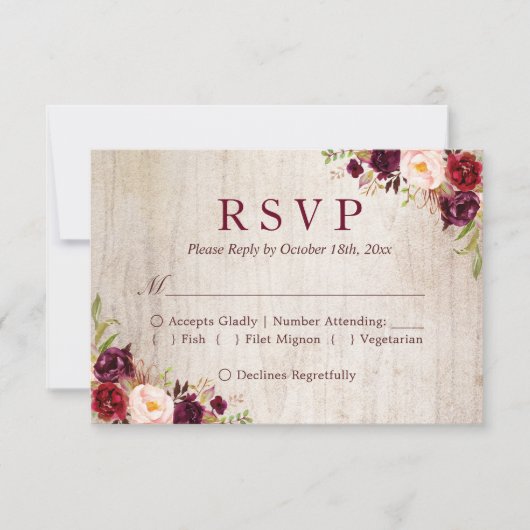 Rustic Wood Burgundy Red Floral Wedding RSVP Kaartje (Voorkant)