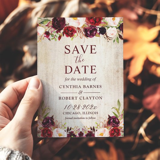 Rustic Wood Burgundy Red Floral Wedding Save The Date