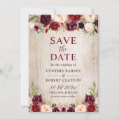 Rustic Wood Burgundy Red Floral Wedding Save The Date (Voorkant)