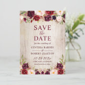 Rustic Wood Burgundy Red Floral Wedding Save The Date (Staand voorkant)