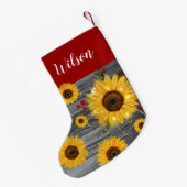 Rustic Wood Burgundy Red Gold Sunflower Naam Kleine Kerstsok (Achterkant (Hangend))