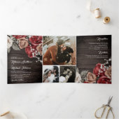 Rustic Wood Burgundy Red Roses Foto bruiloft Drieluik Uitnodiging (Binnen)