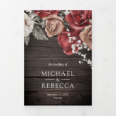 Rustic Wood Burgundy Red Roses Foto bruiloft Drieluik Uitnodiging (Cover)