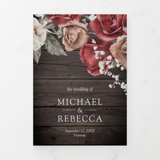 Rustic Wood Burgundy Red Roses Foto bruiloft Drieluik Uitnodiging (Cover)