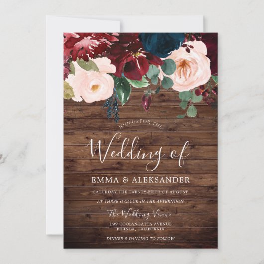 Rustic Wood Burgundy Red Wine Blush Weddenschap Kaart (Voorkant)