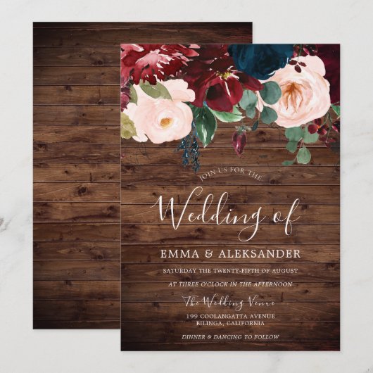 Rustic Wood Burgundy Red Wine Blush Weddenschap Kaart (Voorkant / Achterkant)