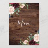 Rustic Wood Burgundy Red Wine Flowers Weddenschap Menu (Achterkant)