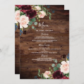 Rustic Wood Burgundy Red Wine Flowers Weddenschap Menu (Voorkant / Achterkant)