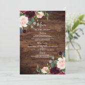 Rustic Wood Burgundy Red Wine Flowers Weddenschap Menu (Staand voorkant)