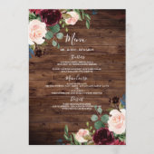 Rustic Wood Burgundy Red Wine Flowers Weddenschap Menu (Voorkant)