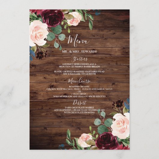 Rustic Wood Burgundy Red Wine Flowers Weddenschap Menu (Voorkant)