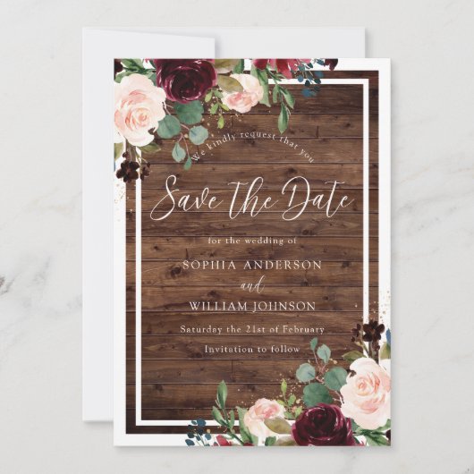 Rustic Wood Burgundy Red Wine Flowers Weddenschap Save The Date (Voorkant)