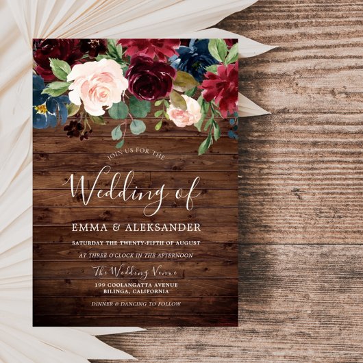 Rustic Wood Burgundy Red Wine Wedding Invite Kaart
