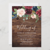 Rustic Wood Burgundy Red Wine Wedding Invite Kaart (Voorkant)