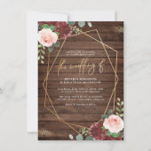 Rustic Wood Burgundy Rozen Gold Geometric Wedding Kaart (Voorkant)
