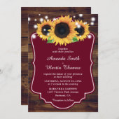 Rustic Wood Burgundy Sunflower Wedding Kaart (Voorkant / Achterkant)