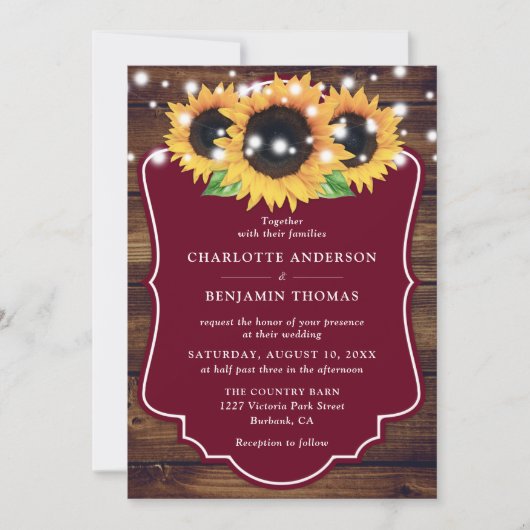Rustic Wood Burgundy Sunflower Wedding Kaart (Voorkant)
