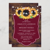 Rustic Wood Burgundy Sunflower Wedding Kaart (Voorkant / Achterkant)