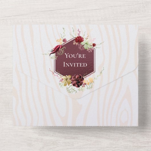 Rustic Wood Burgundy Wedding All In One Uitnodiging (Achterkant)