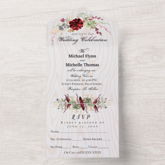 Rustic Wood Burgundy Wedding All In One Uitnodiging (Binnen)