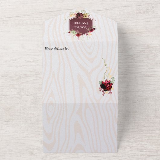 Rustic Wood Burgundy Wedding All In One Uitnodiging (Buitenkant)