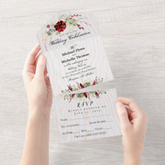 Rustic Wood Burgundy Wedding All In One Uitnodiging