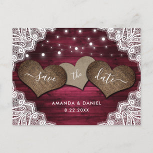 Rustic Wood Burgundy Wedding Save the Date Aankondigingskaart