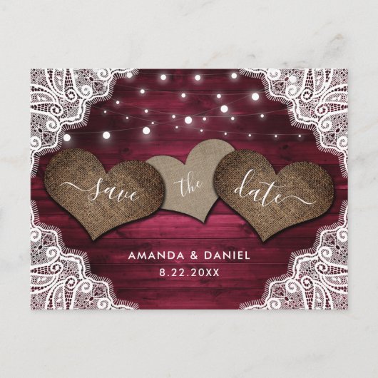 Rustic Wood Burgundy Wedding Save the Date Aankondigingskaart (Voorkant)