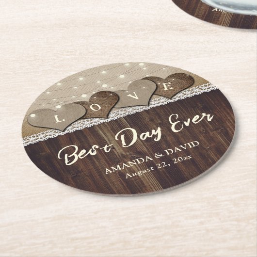 Rustic Wood Burlap en Lace Wedding Onderzetters (Gebogen)