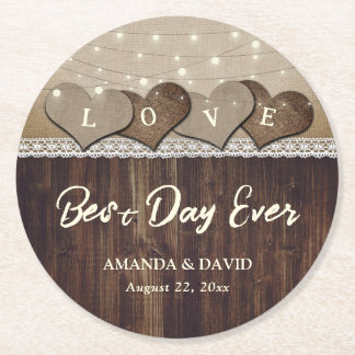 Rustic Wood Burlap en Lace Wedding Onderzetters