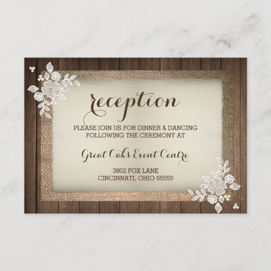 Rustic Wood, Burlap en Lace Wedding Reception Card Informatiekaartje (Voorkant)