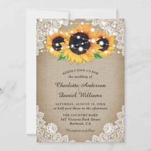 Rustic Wood Burlap Floral Lace Sunflower Wedding Kaart (Voorkant)