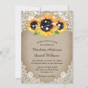 Rustic Wood Burlap Floral Lace Sunflower Wedding Kaart