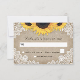 Rustic Wood Burlap Floral Lace Sunflower Wedding RSVP Kaartje