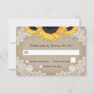 Rustic Wood Burlap Floral Lace Sunflower Wedding RSVP Kaartje