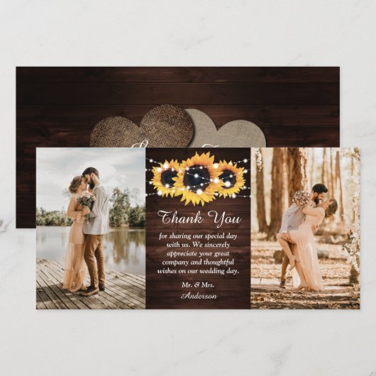 Rustic Wood Burlap Heart Sunflower Foto Bedankkaart (Voorkant / Achterkant)