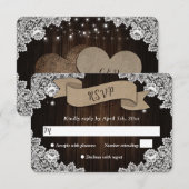 Rustic Wood Burlap Hearts Ribbon Lace Wedding RSVP Kaartje (Voorkant / Achterkant)