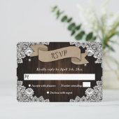 Rustic Wood Burlap Hearts Ribbon Lace Wedding RSVP Kaartje (Staand voorkant)