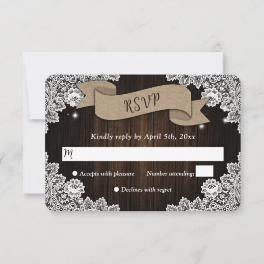 Rustic Wood Burlap Hearts Ribbon Lace Wedding RSVP Kaartje (Voorkant)