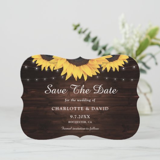 Rustic Wood Burlap Hearts Sunflower Wedding Save The Date (Staand voorkant)