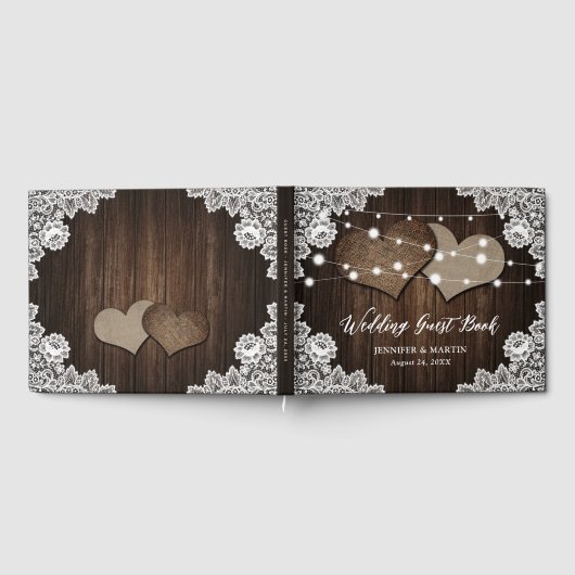 Rustic Wood Burlap Hearts Wedding Guest Book Gastenboek (Volledig)